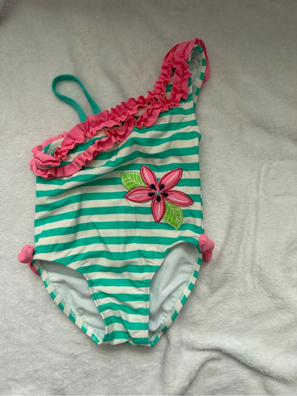 Hartstrings Green & White Striped Asymmetrical Swimsuit with Pink Ruffles